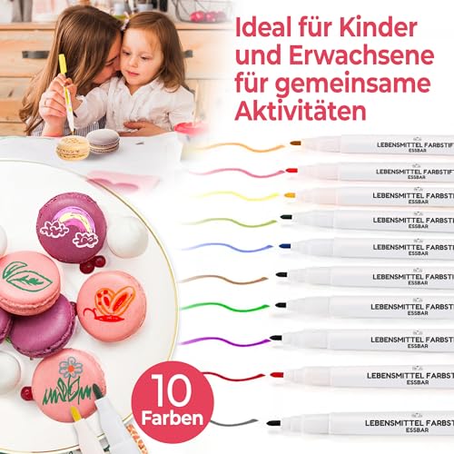He-Ju Lebensmittelstifte essbar 10er Set ohne E171, vegan, glutenfrei, Lebensmittel Stifte Set in 10 Regenbogenfarben mit 2 Spitzen zum Malen und Schreiben auf Torten & Co.