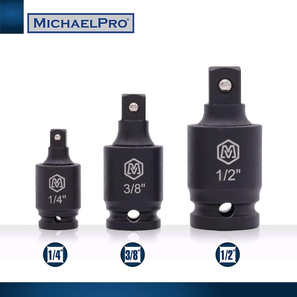 MichaelPro 3-Piece Impact Grade Universal Joint Swivel Socket Adapter Set, 1/4'', 3/8'', 1/2'' Drive, Cr-Mo Alloy Steel, 360-Degree U-Joint Sockets, Access Hard-to-Reach Fasteners - MP005026
