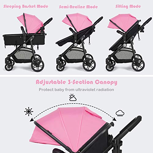 Baby Joy Baby Stroller, 2 In 1 Convertible Carriage Bassinet To Stroller, Pushchair With Foot Cover, Cup Holder, Large Storage Space, Wheels Suspension, 5-Point Harness (Pink) #TOP2