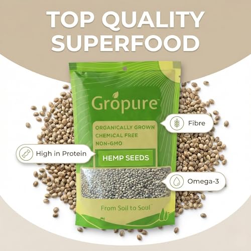 Image of GroPure Organic: From Soil to Soul - Hemp Seeds for Eating 250 g I Raw Hemp Seeds I High in Protein, Fibre I Perfect for Smoothies, Salads, Baking I Organic Hemp | Suitable for Keto & Vegan Diets | Natural Plant-Based Nutrition