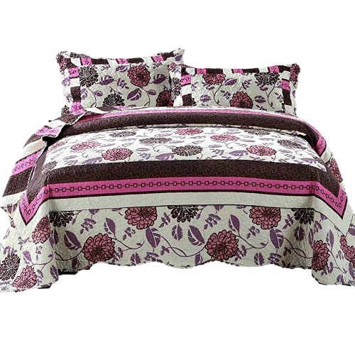DaDa Bedding Botanical Purple Blooms Floral Bedspread Set - Hot Pink & Brown Garden Cottage Bright Vibrant Colorful Reversible Quilted Coverlet Bordered Style - Queen - 3-Pieces