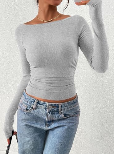 PRETTYGARDEN Long Sleeve Shirts for Women 2025 Fall Ruched Sides Boat Neck Basic Tee Casual Fitted Ribbed Knit Crop Tops