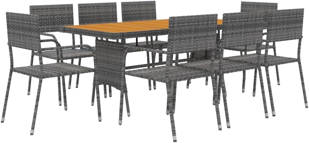 vidaXL 9 Piece Outdoor Dining Set - Gray Poly Rattan and Solid Acacia Wood - Ergonomic Garden Chairs - Waterproof - Rectangular Table - Easy Assembly - Ideal for Patio, Garden, Outdoor Lounging
