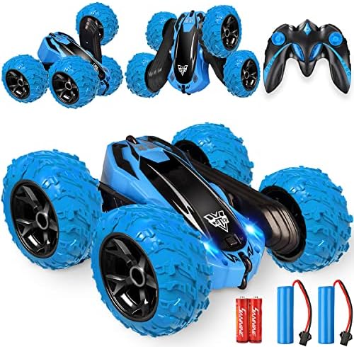 KKONES Remote Control car,2.4GHz Electric Race Stunt Car,Double Sided 360° Rolling Rotating Rotation, LED Headlights RC 4WD High Speed Off Road for 3 4 5 6 7 8-12 Year Old Boy Toys (Blue)