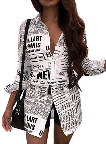 NRTHYE Newspaper Print Shirt Women Long Sleeve Lapel Neck Button Down Tshirt Top