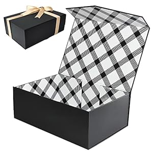 Tekhoho Grand Boîte Cadeaux Noir, Boite Cadeau Magnetique avec Couvercle, Vide Décorative Boîte avec Ruban et Carte pour Mariages Anniversaire et Présent, Doublure à Carreaux, Couvercle en V
