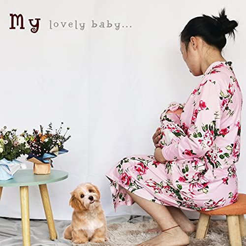 Image of SUFEINI Maternity Robe and Matching Baby Swaddle Blanket Set, Mommy Robe with Receiving Blanket Girls Boys Sleepwear