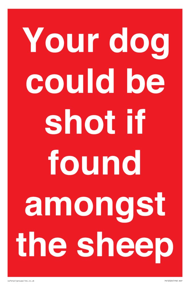 Your dog could be shot if found amongst the sheep Sign - 200x300mm - A4P
