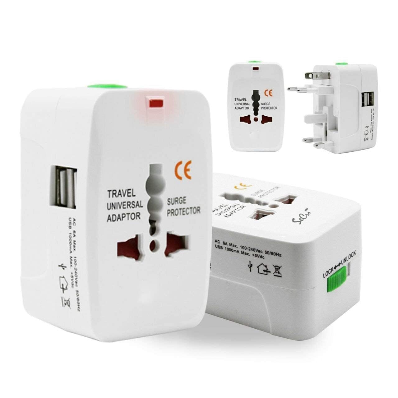 SHEHAM Universal Travel Adaptor with Built in Dual USB Charger Ports with Surge/Spike Protected Electrical Plug International Traveler Adapter(White / 1 pcs)-image-0