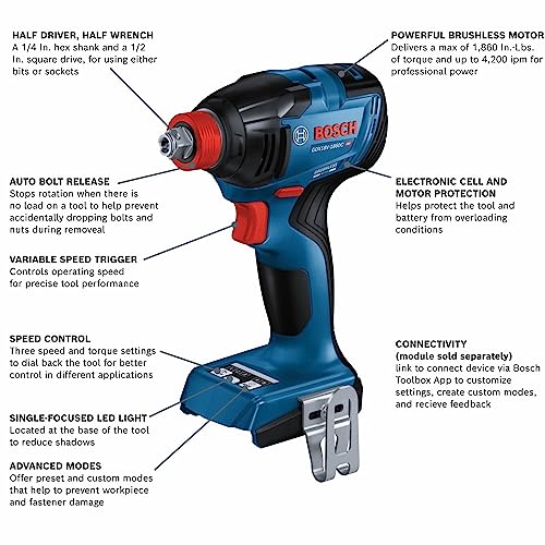 Bosch Gdx18V-1860Cn 18V Connected-Ready Two-In-One 1/4 In. And 1/2 In. Bit/Socket Impact Driver/Wrench (Bare Tool) #TOP1