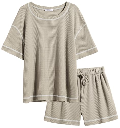 Image of Ekouaer Women's Waffle Knit Two Piece Lounge Set, Soft Matching Outfits for Daily Wear, Casual Shorts Set with Pocket