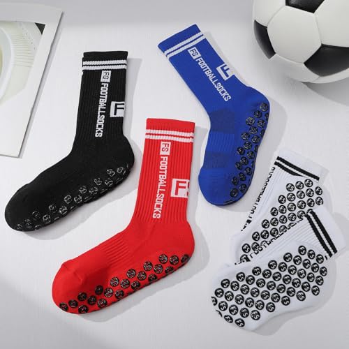 Utensilsto 4 Paare Fußball Socken Jungen Grip Socken Fussball Anti Rutsch Kinder Fußballsocken Rutschfeste Sportsocken für Fussball Basketball Laufen Rugby Tennis, 4 Farben, 31-34