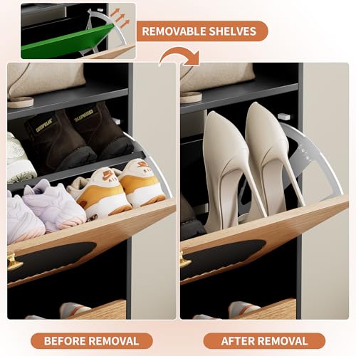 Image of Shoe Storage Cabinet with 2 Flip Drawers, Shoe Organizer Storage with Adjustable Shelves, Freestanding Hidden Slim Narrow Shoe Rack Cabinet for Entryway, Foyer, Hallway, Living Room