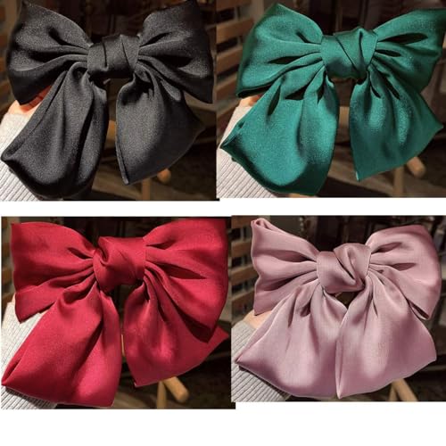 4 Pcs Bow Hair Barrettes Satin Solid Color 6.3 Inch Clips For Women Girls Hair Accessories （Black Pink Green Red）
