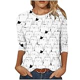 Cbcbtwo 2022 Spring 3/4 Sleeve Shirts for Women Summer Trendy Casual Cat Print Tops O-Neck Loose Pul