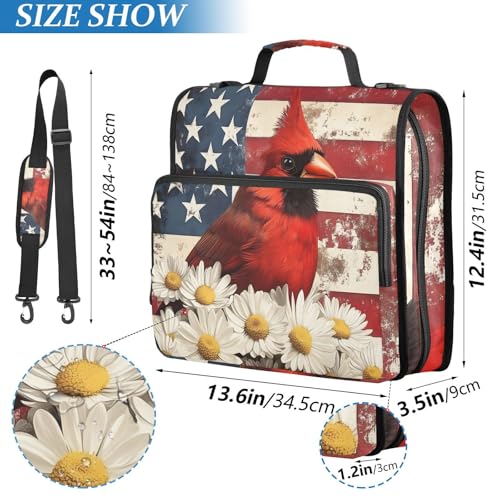Image of Cardinalbird American Flag Daisy Zipper Binder Bag 3 Ring Binder with Shoulder Strap Zip Up 500 Sheets Capacity Multi Pockets for School Office Supplies