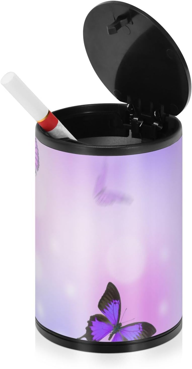 Moudou Purple Butterfly Car Ashtray, Portable Smokeless Automotive Ashtray with Lid for Most Car Holder, Home Use, Office, Travel