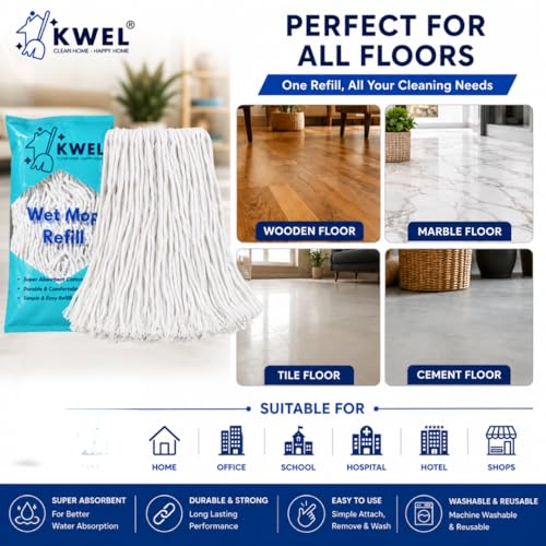 Image of KWEL Super Absorbent Cotton Wet Mop Refill 6 Inch (2500 GM) Pack of 2 | Heavy Duty Floor Cleaning Mop Refill for Home, Office, Kitchen & Tiles