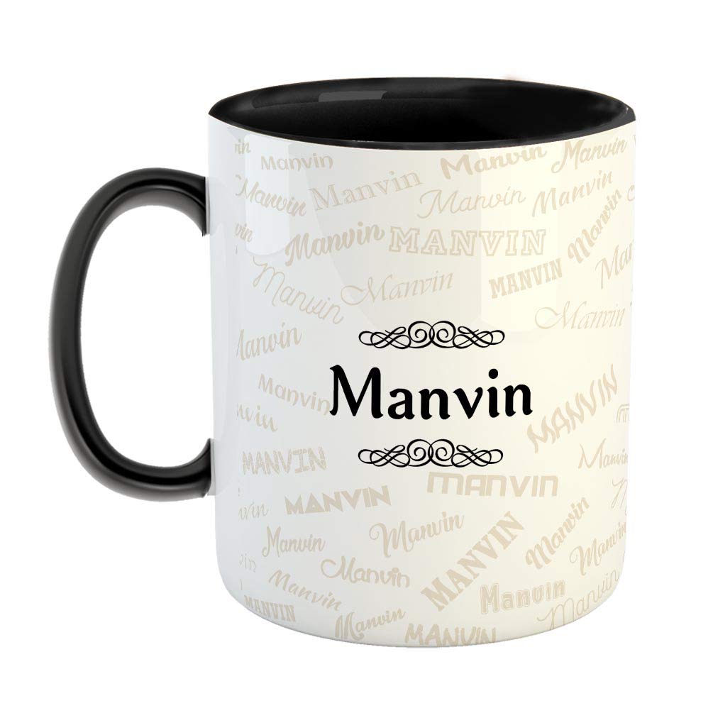 FurnishFantasy Ceramic Coffee Mug - Best Personalised Gift for Happy Birthday, Color - Black, Name - Manvin