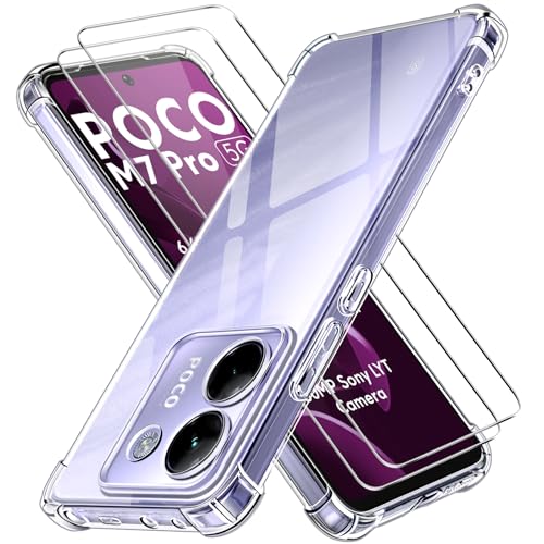 ivoler Funda para Xiaomi Poco M7 Pro 5G con 2 Piezas Cristal Templado, Carcasa Protectora Antigolpes Antiarañazos Transparente con Cojín Esquina Parachoques, Suave TPU Silicona Bumper Case