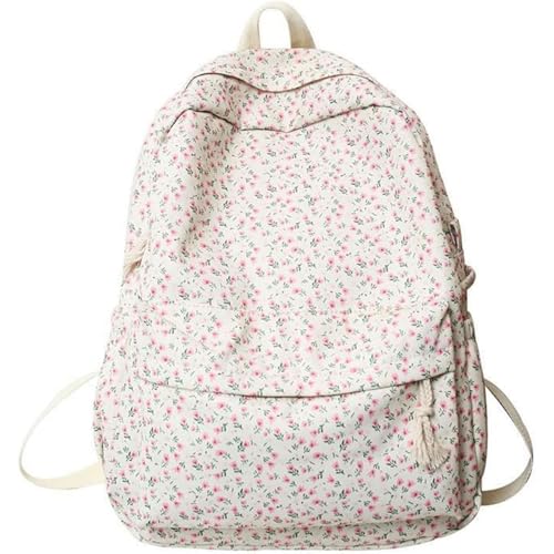 MATISUN Pink Floral Backpack, Aesthetics Cute Floral Bookbag, Large Nylon Bookbag for Daily Commute & Weekend Trips (Pink flower)