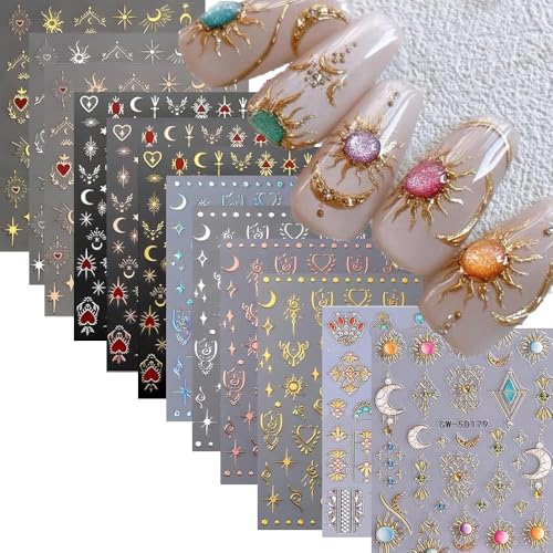 Bohemian Style Nail Stickers for Nail Art Embossed Star Moon Sun Nail Art Stickers 5D Self-Adhesive Bohemia Designs Nail Decals Gold Nail Supplies for Women DIY Manicure 12 Sheets