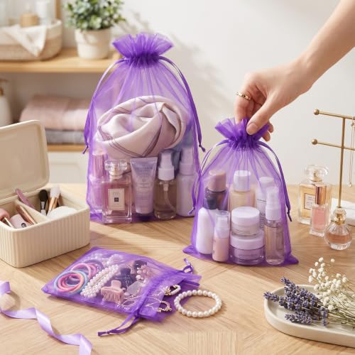Image of FUNFERY 100PCS Purple Organza Gift Bags 5x7in,Drawstring Pouch for Jewelry