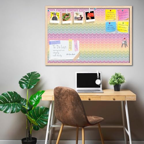 Image of ArtzFolio Wavey | Bulletin Board Notice Pin Board | Vision Soft Board Combo with Thumb Push Pins & Sticky Notes | Natural Brown Frame | 36 x 24 inch (91 x 61 cms)