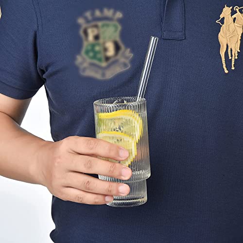 Alink Ribbed Drinking Glasses With Glass Straws 6Pcs Set, Vintage Iced Coffee Cups Glassware, Origami Style Ridged Glass Tumbler For Coocktail, Whiskey, Beer, Water - 2 Cleaning Brush #TOP5