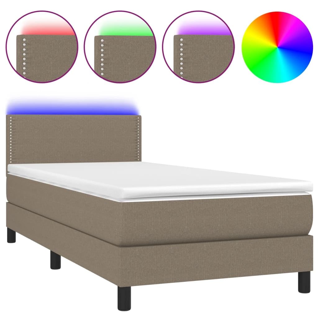 Cama individual con somier, 90 x 190 cm, en color topo con luces LED, cabecero de altura ajustable, colchón de muelles ensacados y cubrecolchón para jóvenes invitados dormitorio