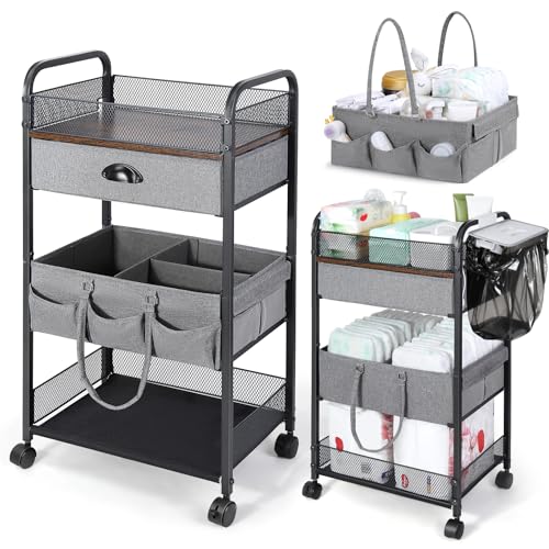 Image of Orzbow Baby Diaper Caddy Cart, 4 Tier Rolling Organizer Cart with Dividers and Drawer, Easy To Assemble, Detachable Infant Nursery Storage with Wheels for Bedroom, Changing Table & Crib, Gray