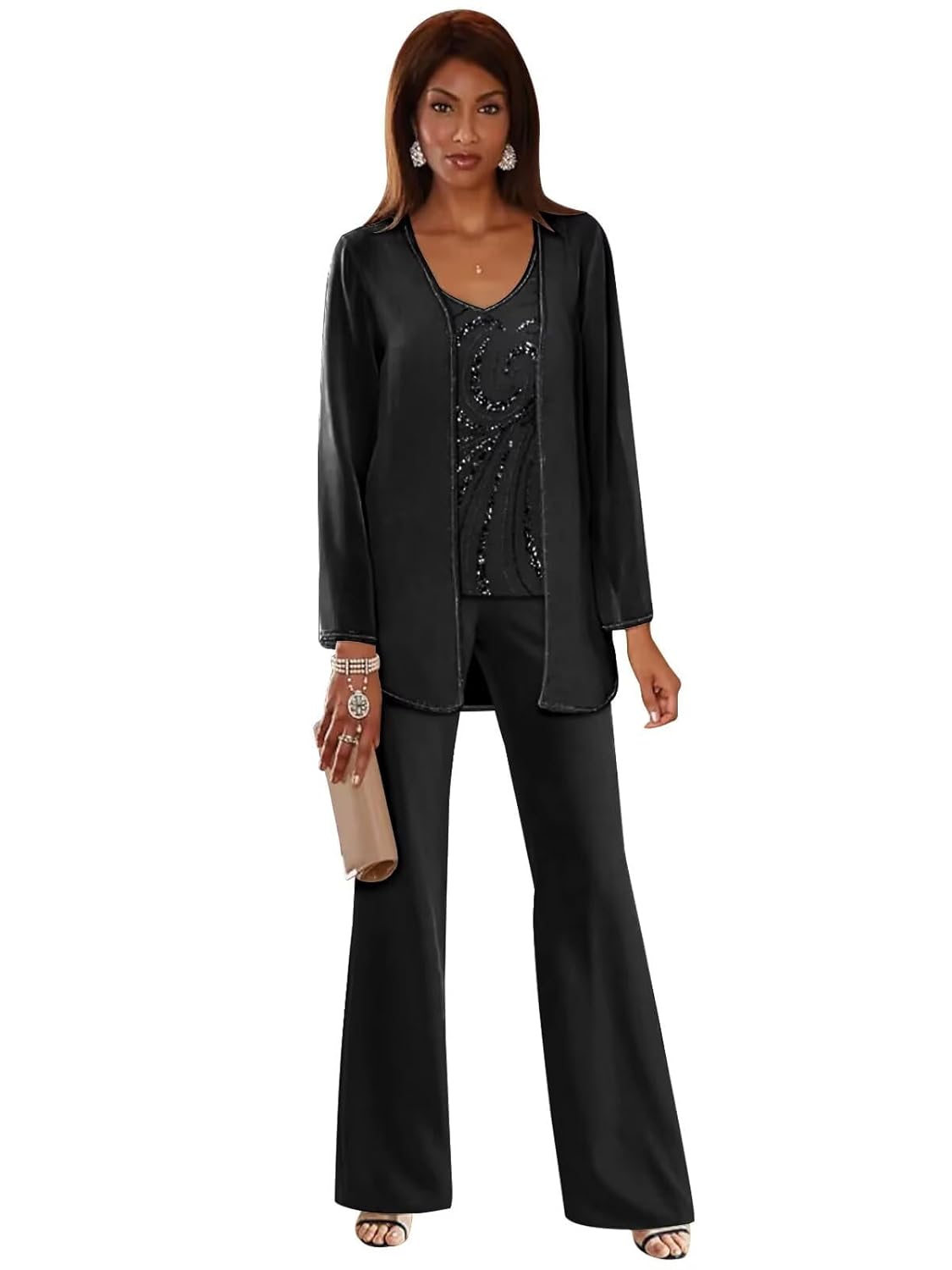 3 Pieces Chiffon Mother of The Bride Pant Suits for Wedding Sequin Wedding Guest Outfit for Women with