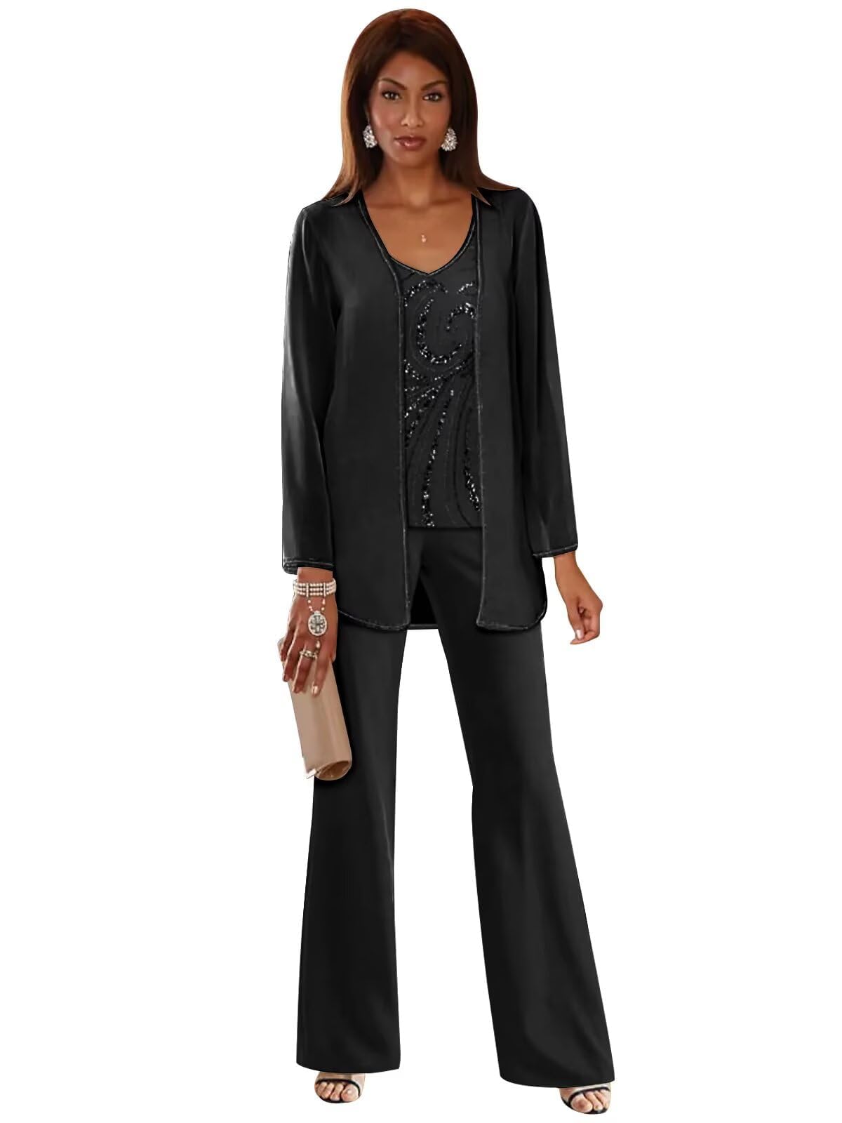 3 Pieces Chiffon Mother of The Bride Pant Suits for Wedding Sequin Wedding Guest Outfit for Women with