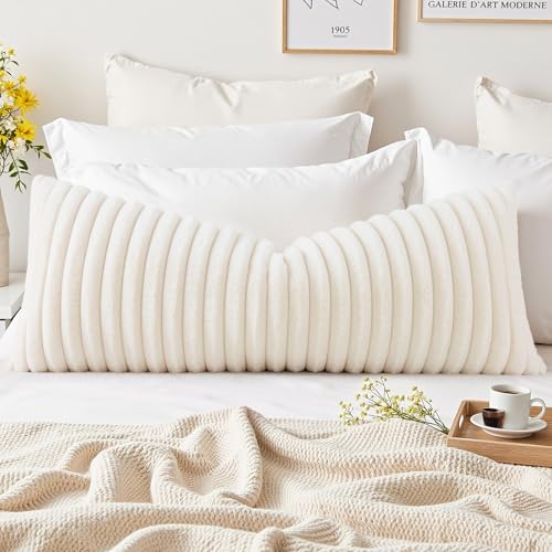 Image of decorUhome Fall Cozy Faux Fur Throw Pillow Covers 14x36 Pack of 1 Decorative Soft Plush Striped Lumbar Modern Farmhouse Boho Couch Pillow Cases with Velvet Back for Sofa Bed Living Room, Cream White