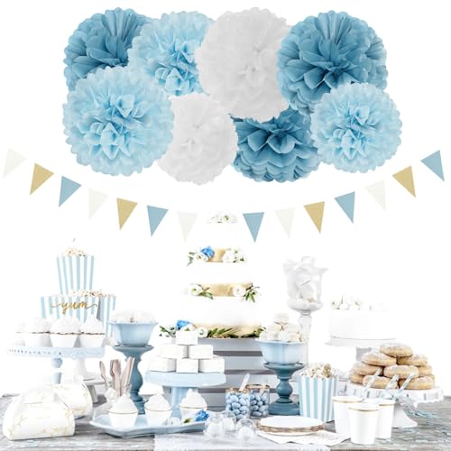 Image of Dusty-Blue White Party-Decorations Paper-Flowers Lanterns - 15pcs Birthday Baby Bridal Shower Tissue Pom Poms Streamers Honeycomb, Boy Men Wedding Bachelorette Hanging Supplies Decor Hugfond
