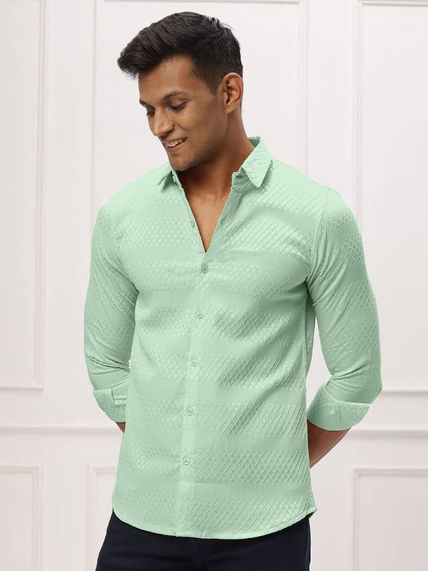Image of Men's Polycotton Casual Textured Button Down Regular Fit Shirts Long Sleeve Shirt