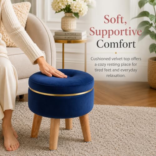 Image of Ottoman Stool for Living Room Foot Rest | Velvet Small Ottoman Foot Stool | Solid Wood Legs | Footstool Puffy for Home, Bedroom & Makeup Table | 30 x 30 cm (12 x 12 Inch) | Royal Blue
