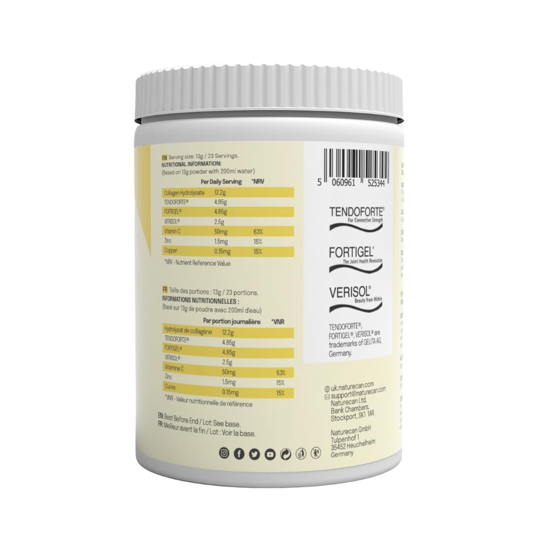 NATURECAN Peptydy kolagenowe, z witaminą C, cynkiem i miedzią, 12,5 g kolagenu na porcję, łatwo rozpuszczalne, wyprodukowano w Niemczech (600 g, Cytryna)