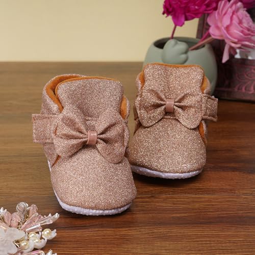 Image of Neska Moda 6 To 12 Months Baby Girls Cotton Hook & Loop Bow Booties -BT1766