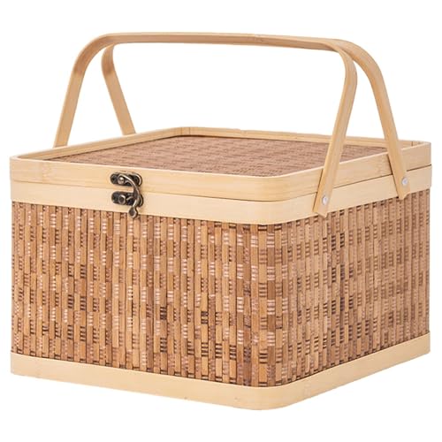 Cesta de bambú tejida para un picnic de fin de semana con tapa protectora 2