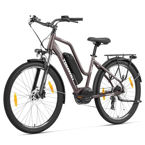 Touroll MA2 Vélo Électrique Adulte, Moteur Central 250W 70Nm, Batterie Amovible, Autonomie 100km, Freins Hydrauliques, VTC Electrique Homme Femme, Vélo électrique de Ville (Marron)