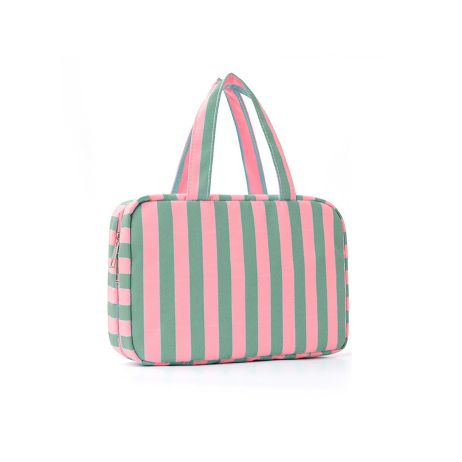 Hanging Travel Toiletry Bag, 4-Section Cosmetic Organizer with Dry & Wet Separation, Portable Striped Makeup Bag for Women (Pink Green Stripe)