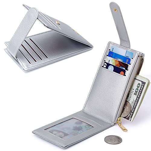 Image of Badiya Slim Women Wallet RFID Blocking Bifold Compact 9 Card Slots Holder Wallets Soft Leather with Zipper Coin Pocket 2 ID Window
