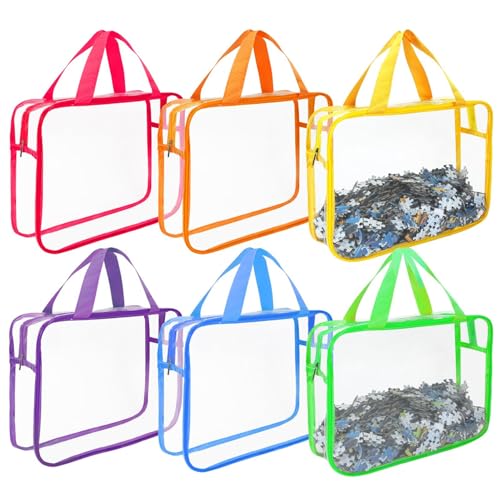 6 Pcs Toy Storage Bags with Handles 11.8x8.7x3.9 Inch-Clear PVC Organizing Bags with Zipper Reusable Waterproof Toy Container-Travel Case Pouch for Building Blocks Puzzle (6 Colors)
