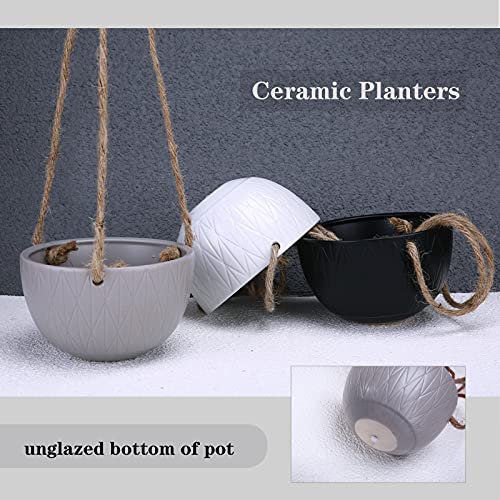 Summer Flower 5.1 Inch Ceramic Hanging Succulent Planter, 3 Pack Matte Indoor Flower Plant Pots With Jute Rope For Succulent Cactus Herbs Plants (Black, White, Grey) #TOP2