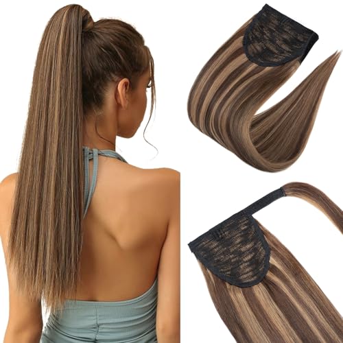 Silk-co Coleta Postiza Pelo Natural Velcro Clip 18' (45cm) 100% Remy Extensiones de Largas Lisas Cabello Humano Ponytail Hair Cola de Caballo (90g) [# 4P27 Marrón Medio & Rubio Oscuro]
