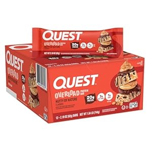 Quest Nutrition Overload Protein Bars, Nutty by Nature Flavored Protein Bars, 20g Protein, 1g Sugar, 3g Net Carbs, Gluten Free, 12 Count