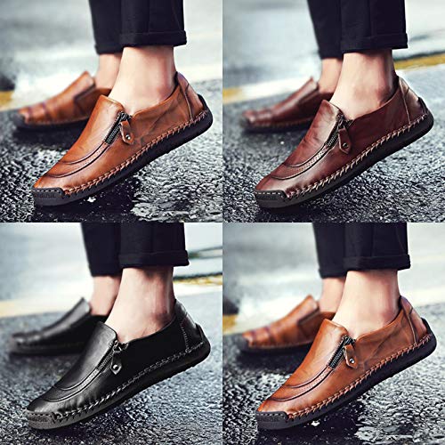 Qiucdzi Mens Leather Comfortable Shoes Hand Stitching Zipper Non-Slip Casual Shoes Loafer Boat Sneaker (8.5, Dark Brown, Numeric_8_Point_5)