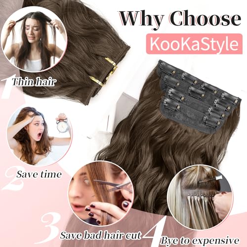 Image of KooKaStyle Clip in Synthetic Hair Extensions Long Wavy 4PCS Thick Hairpieces Chestnut Brown Fiber Double Weft Natural Hair Extensions 20 Inch for Women