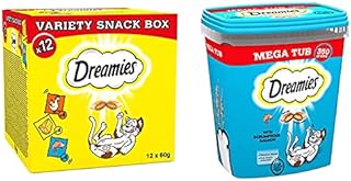 Dreamies Cat Treats Variety Pack, snacks with chicken, salmon and cheese, 12 pouches of 60 g & Cat Treats, tasty snacks with delicious salmon, 1 x 350g tub